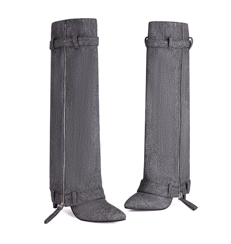 denim high-knee boots with side zipper – STORM
