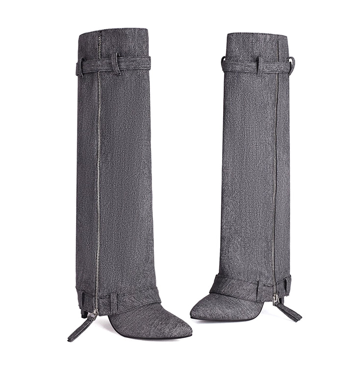 denim high-knee boots with side zipper – STORM