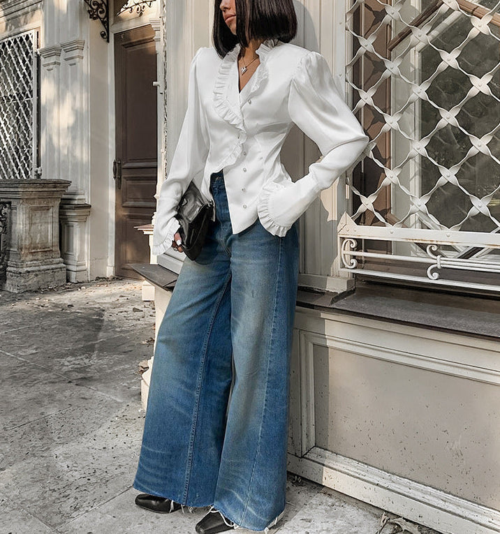 asymmetrical ruffle-front satin blouse – REGALIA