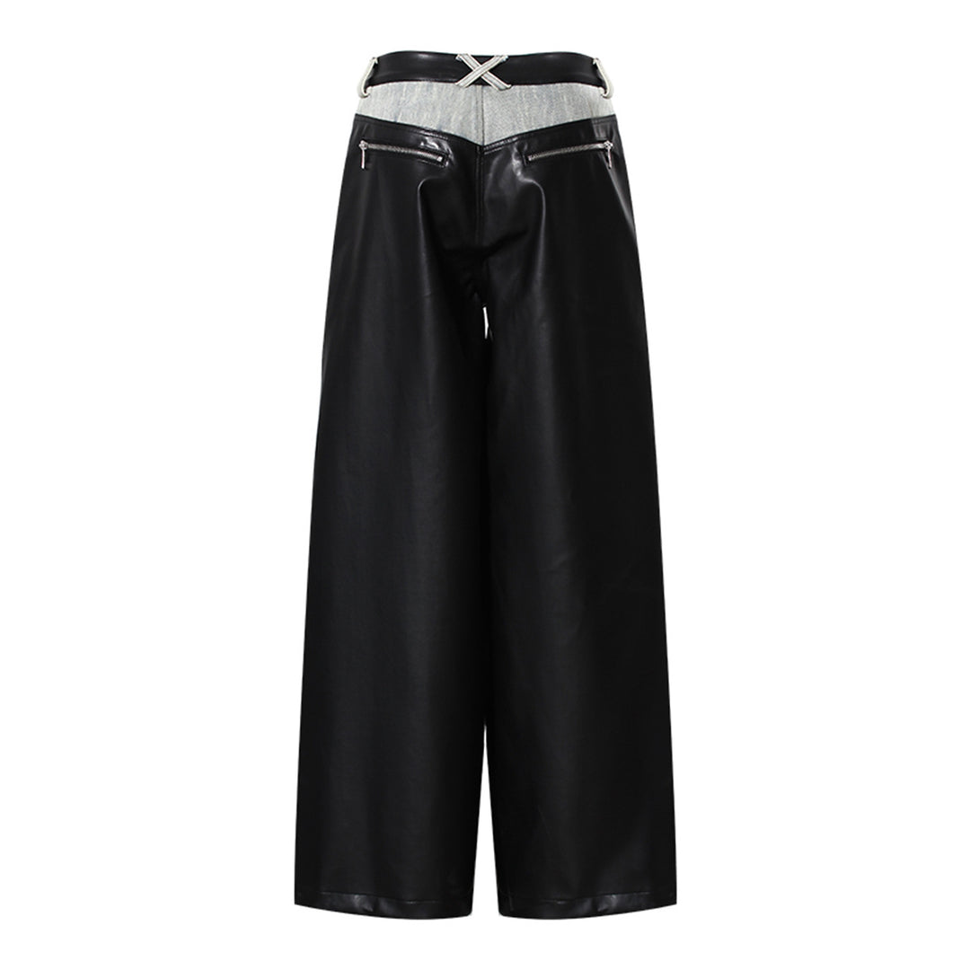 two-tone wide-leg denim pants with faux leather panels – NOIR