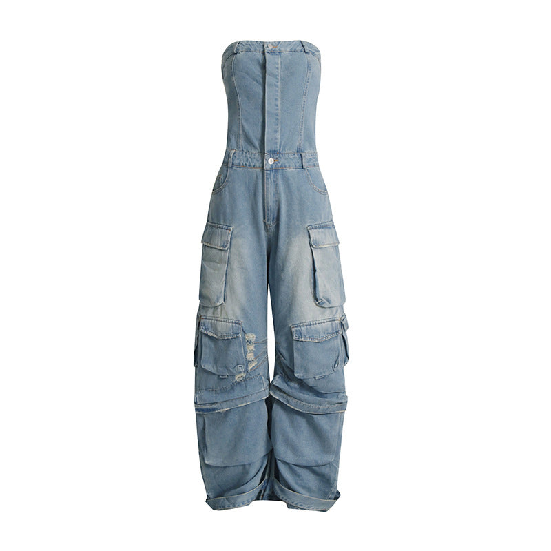 strapless denim cargo jumpsuit with wide-leg design – NOLIVIRA