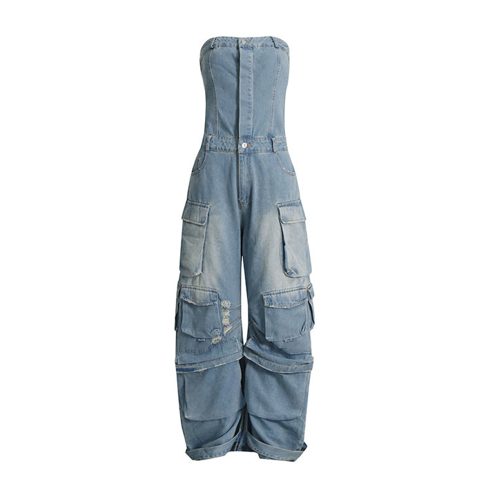 strapless denim cargo jumpsuit with wide-leg design – NOLIVIRA