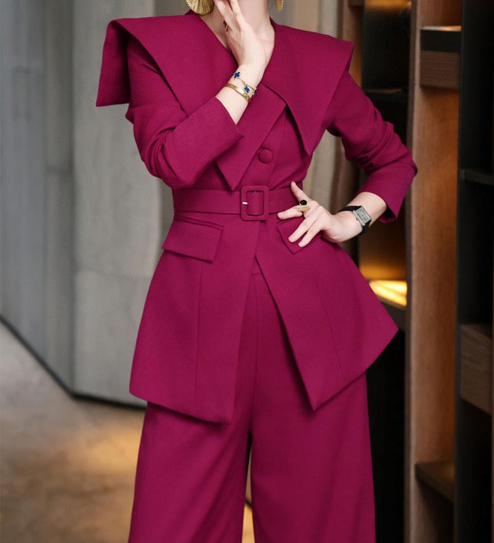 structured wide-leg jumpsuit with sculpted shawl collar – VANTEA