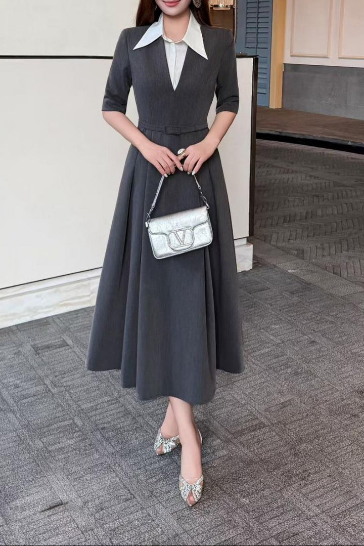 A-line midi dress with contrast collar – DARIAN