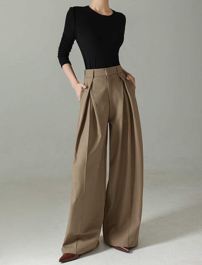 high-waist wide-leg trousers with double front pleats – TAUPE