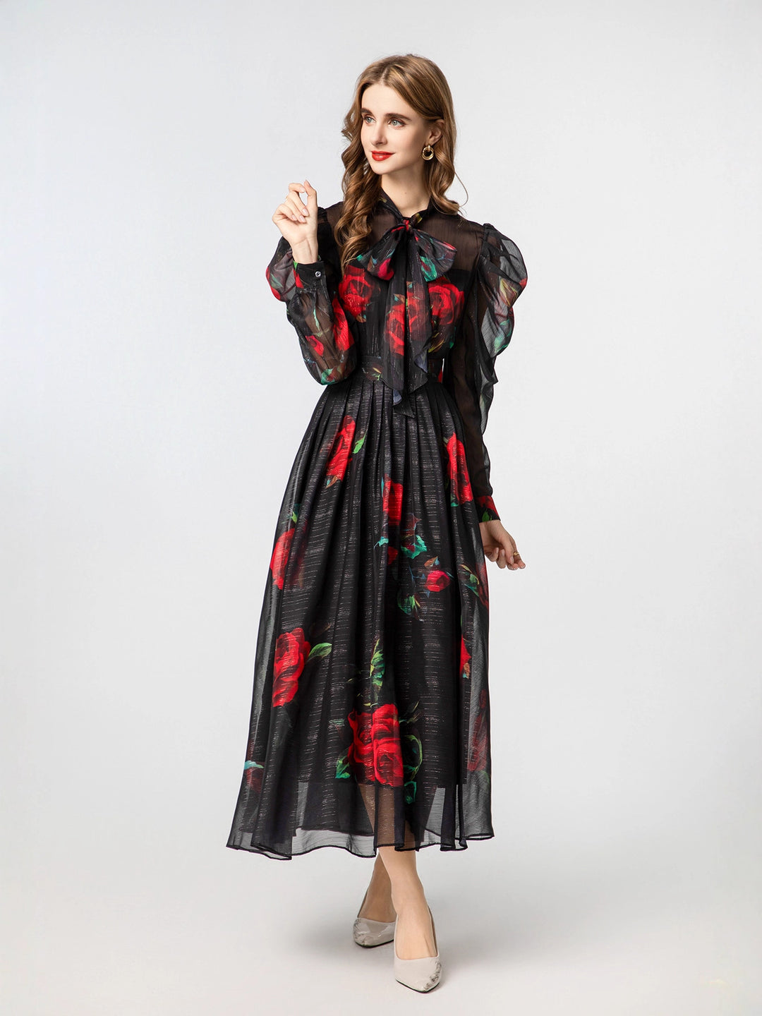 فستان من الأورجانزا الشفاف بطبعة وردة حمراء – فيرونا