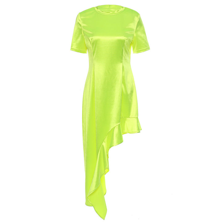 Short-sleeve satin midi dress with asymmetric ruffle hem – LIMEA