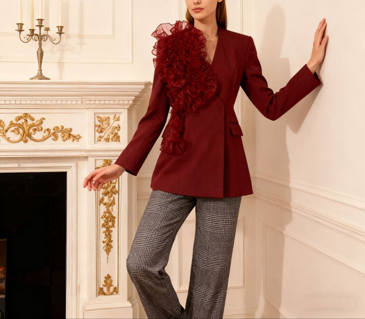 tailored blazer dress with dramatic organza ruffle detail – SCARLET