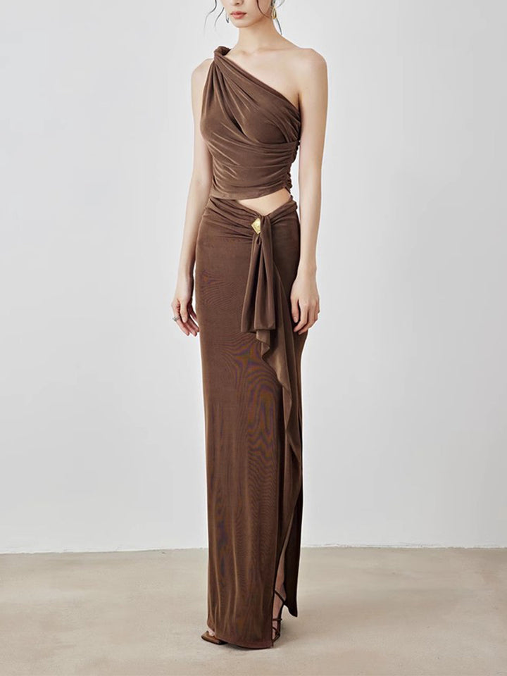 Plissiertes Oberteil mit ausgestellten Ärmeln und Maxirock-Set mit Taillengürtel – Rosiny 