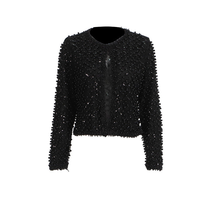 cropped black jacket with pearl stud embellishment – PEARLÉ
