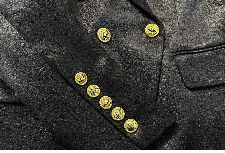 textured double-breasted blazer with gold crest buttons – EMPRESS