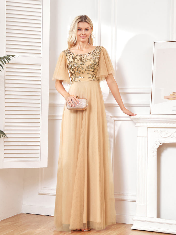 embroidered tulle gown with flutter sleeves – VELINE