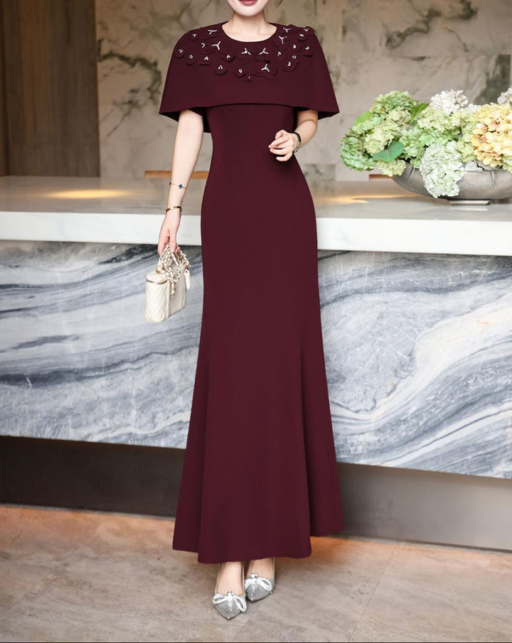 فستان حورية البحر بكتف مكشوف مع رقبة مزينة – فوشيا