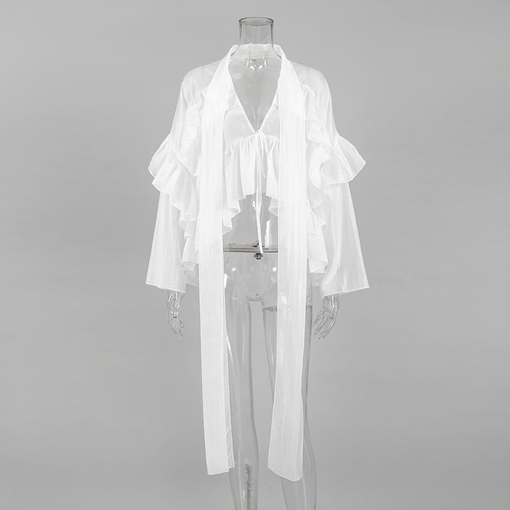 sheer ruffle-sleeve blouse with cascading ties – ELYSIA