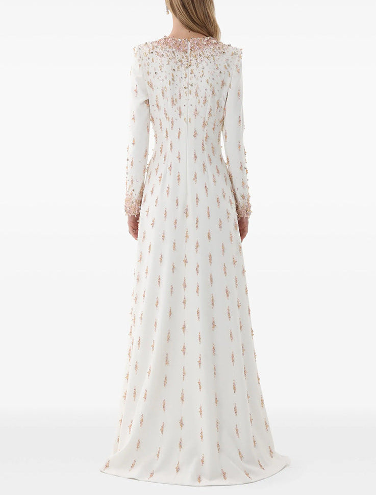 long-sleeve embellished gown with sequin gradient neckline - AMARA