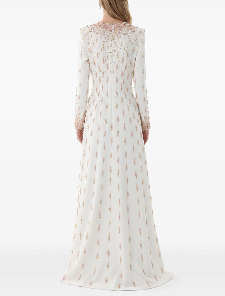 long-sleeve embellished gown with sequin gradient neckline - AMARA