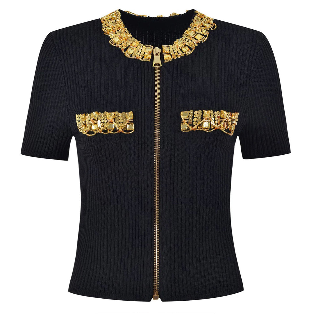 short-sleeve knit blouse with jeweled neckline – AURAXI