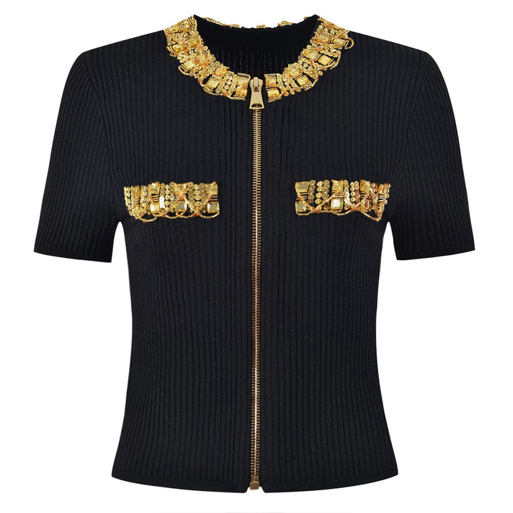 short-sleeve knit blouse with jeweled neckline – AURAXI