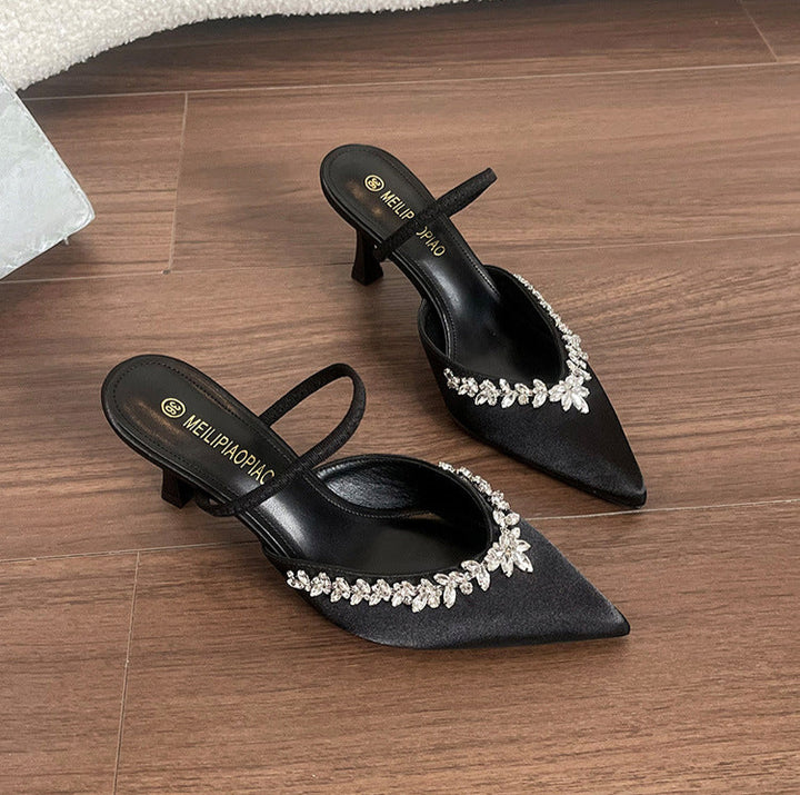 Satin pointed-toe mule with crystal strap - VERANA