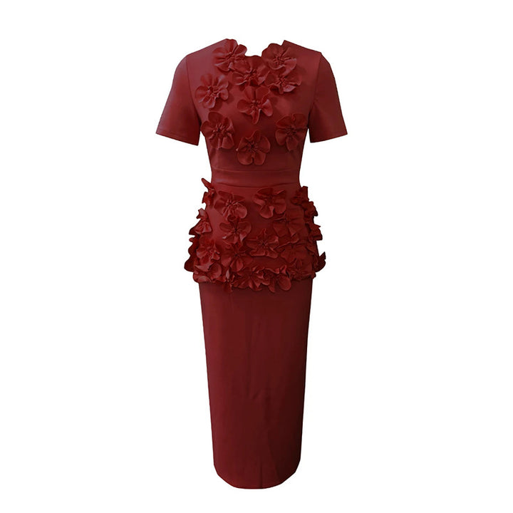 short-sleeve peplum suit with 3D floral appliqués – BLOOMIV