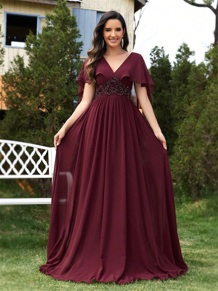 chiffon gown with flutter sleeves and lace waist – ELOISERU