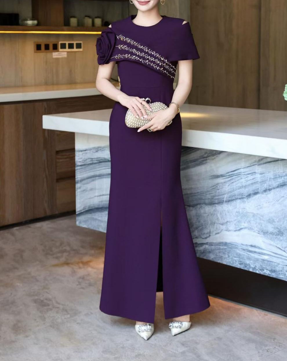 asymmetric embellished shoulder gown – AMARA