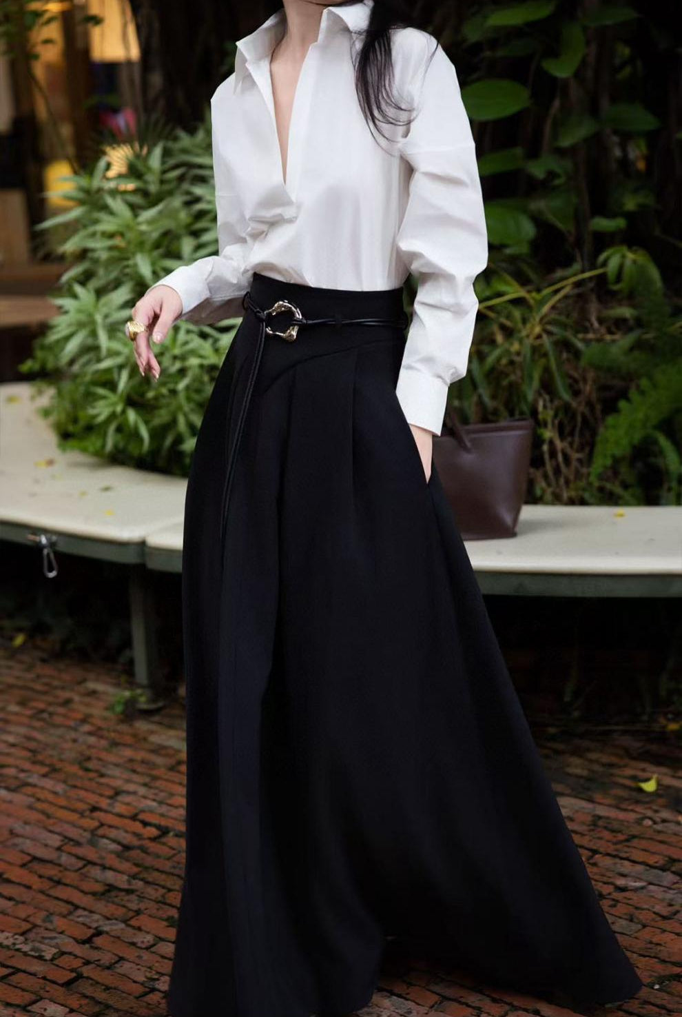long-sleeve collared blouse with wide-leg maxi skirt – ARYA