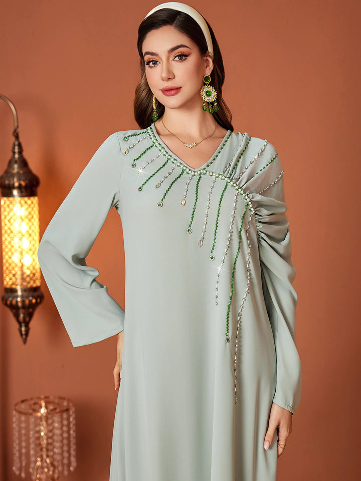 op maat gemaakte flare-pak met satijnen pofmouwen – VALENCIA 