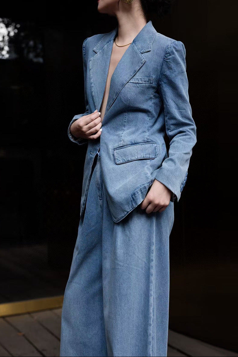 vintage denim blazer with wide-leg trousers – LEXA
