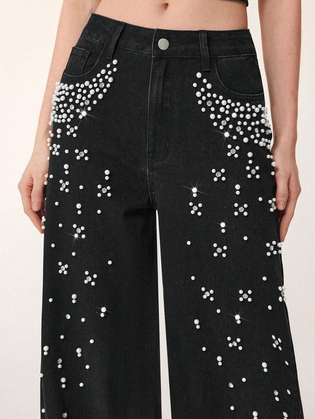 wide-leg black denim pants with pearl embellishment – AURA