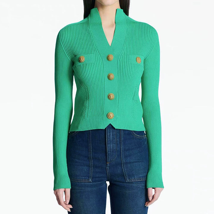 بلوزة بليزر محبوكة مضلعة مع أزرار ذهبية – سيريناب