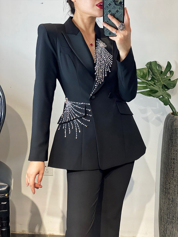 tailored flare suit with crystal burst embellishment – RUBINA