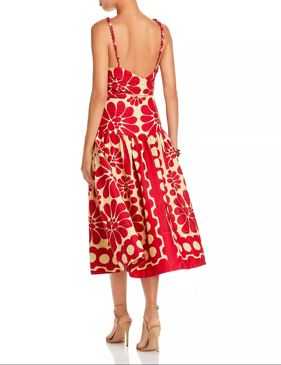 فستان ميدي مطبوع بأشرطة مضفرة – ايسلالكي