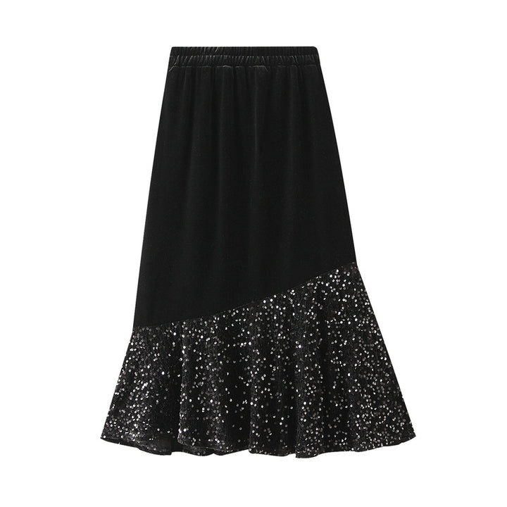 velvet midi skirt with asymmetric sequin ruffle – STELLAR