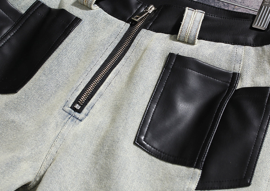 two-tone wide-leg denim pants with faux leather panels – NOIR