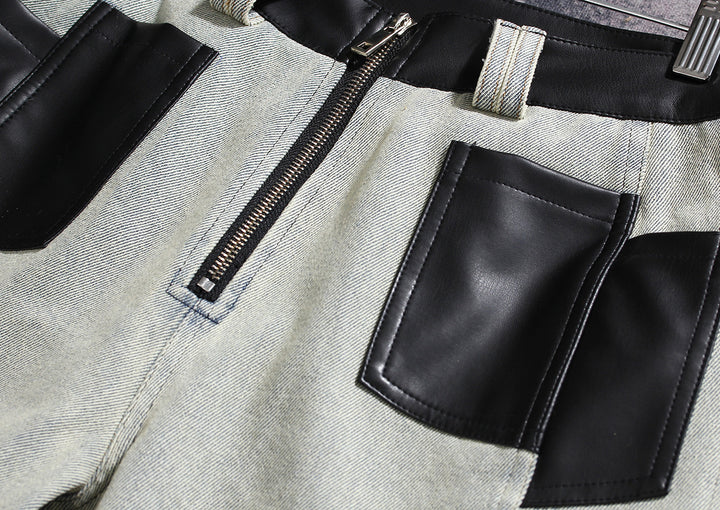 two-tone wide-leg denim pants with faux leather panels – NOIR