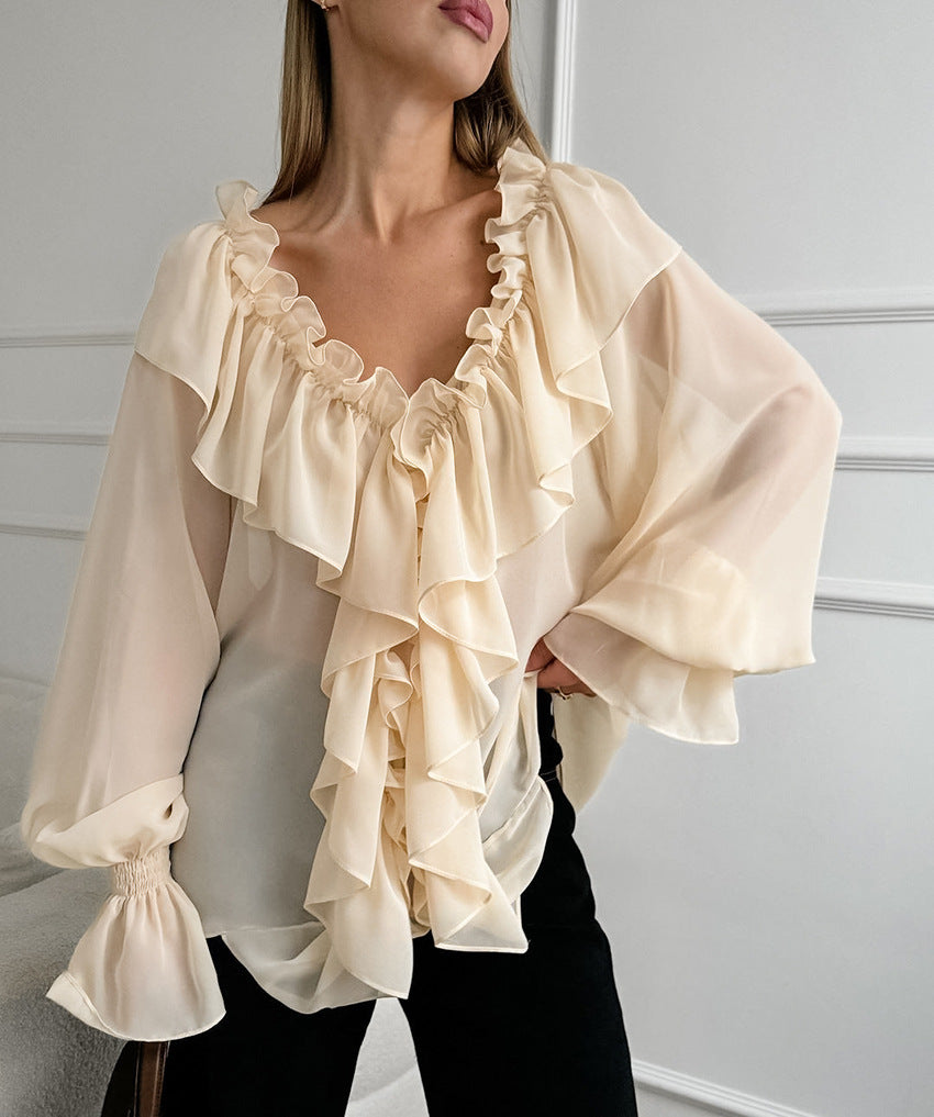 chiffon blouse with cascading ruffle neckline – SERENE