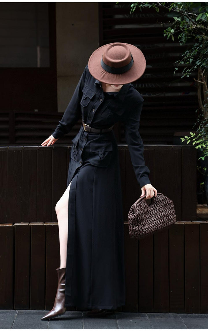 button-down military maxi dress with belted waist – NOIRE