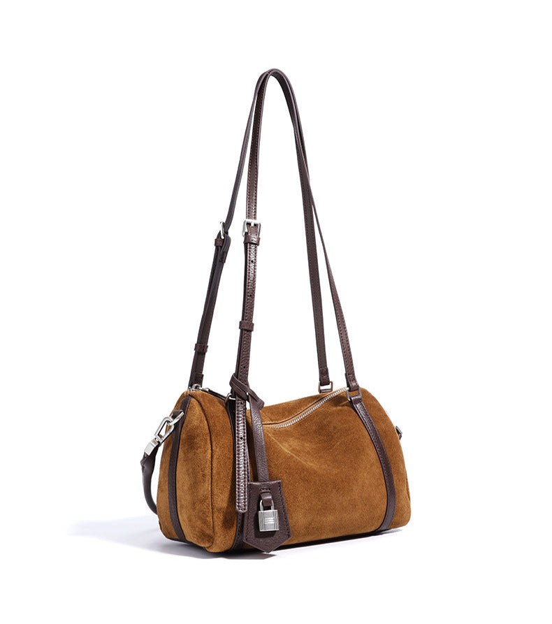 suede shoulder bag with leather trim and lock charm – ALBALI