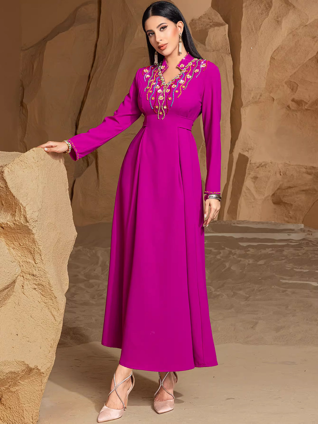 Embroidered V-Neck Maxi Dress with Long Sleeves – AMARIS