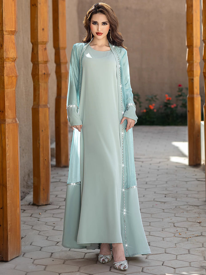 sheer embellished open-front cardigan with maxi dress - AURART