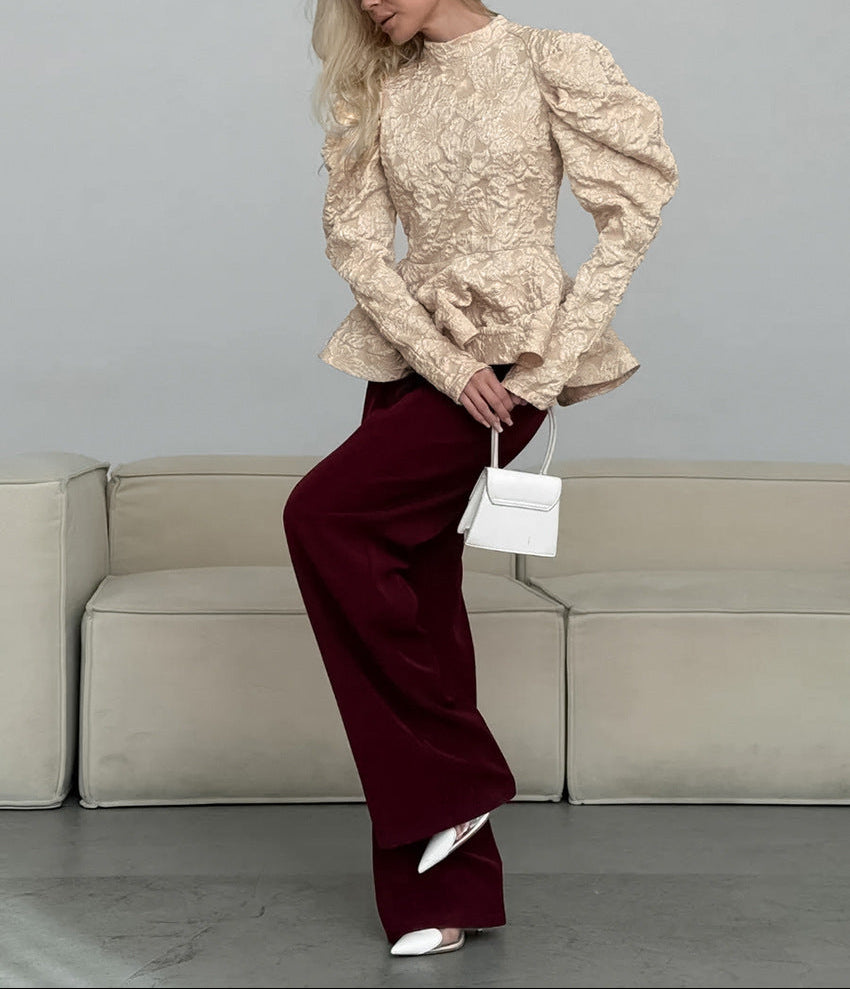 textured peplum blouse with sculpted puff sleeves – OPHELIA