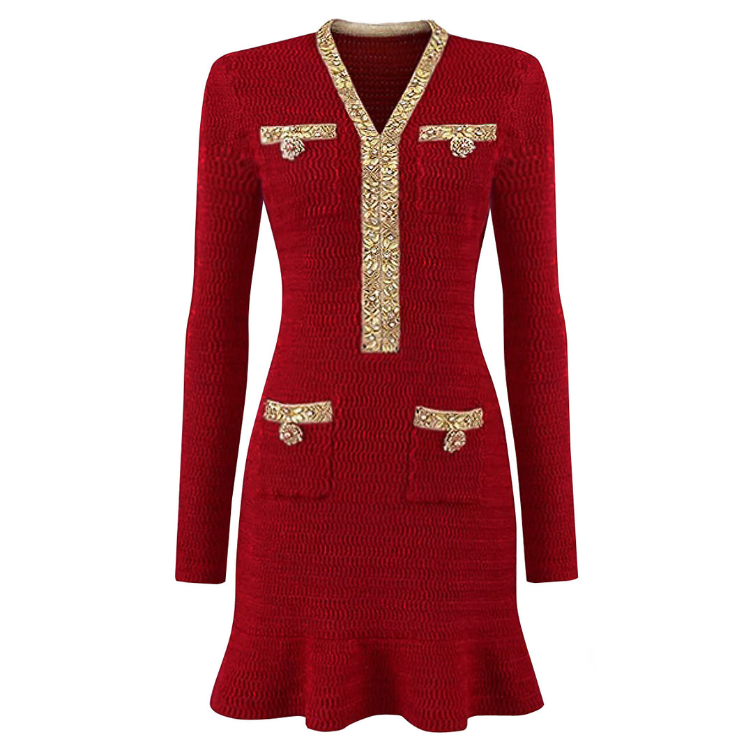 فستان قصير محبوك بأكمام طويلة وحواف ذهبية – فينيوني
