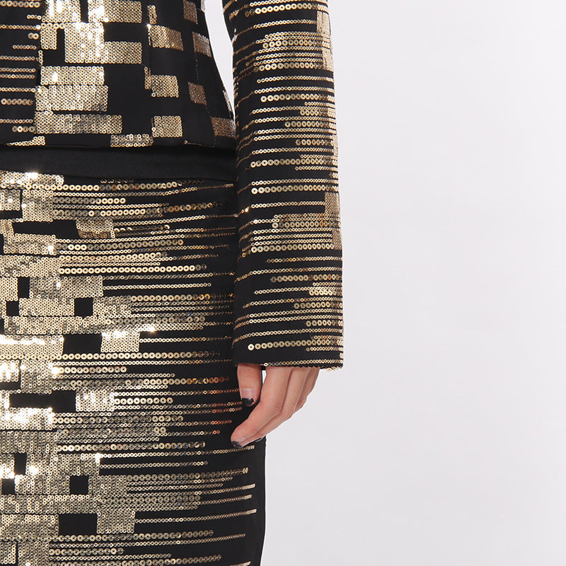 Tailored jacquard blazer & pencil skirt set with metallic geometric pattern – AURORA