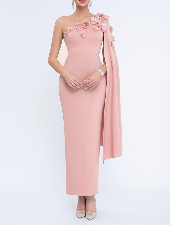 one-shoulder column dress with floral appliqué cape – AURELIATU