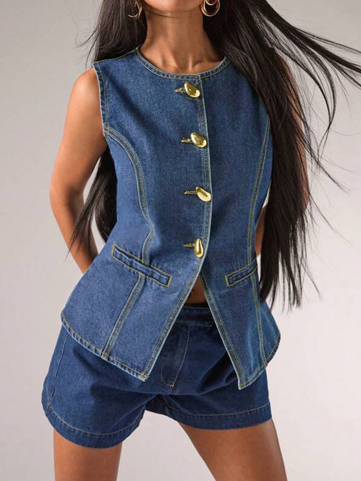 sleeveless denim top with gold statement buttons – NOLA