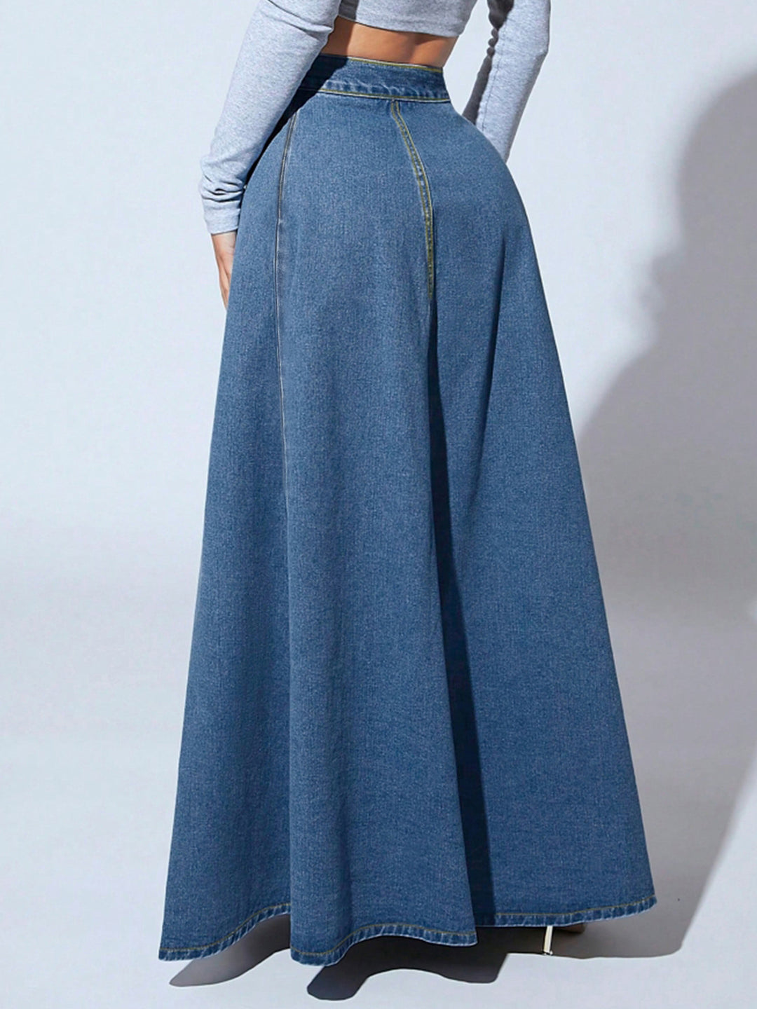 high-waist flared denim maxi skirt with front buttons – MAYA