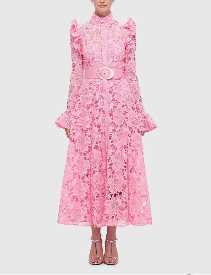 long-sleeve lace midi dress with ruffled shoulders – IVORIE