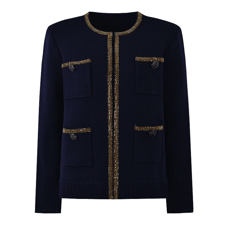 long-sleeve tweed jacket and pencil skirt set with metallic trim - NOVADRO