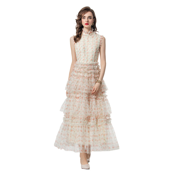 فستان تول مزهر بدون أكمام مع كشكشة متعددة الطبقات – أوريليا